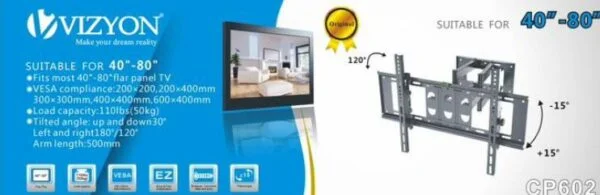Vizyon 40-80 Inch - Universele Tv Muurbeugel - Wand Ophang TV Beugel Steun - Draaibaar & Kantelbaar - Max50Kg