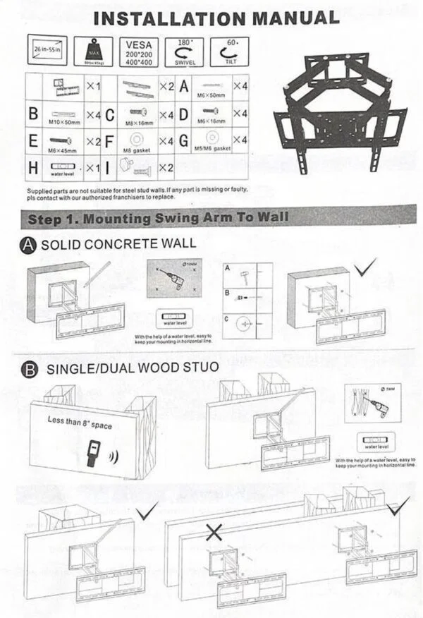 Vizyon 40-80 Inch - Universele Tv Muurbeugel - Wand Ophang TV Beugel Steun - Draaibaar & Kantelbaar - Max50Kg - Afbeelding 4