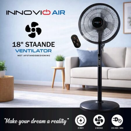 INNOVIO INV-Air 18R statiefventilator 18 inch met afstandsbediening, 8 snelheden en oscillatiefunctie.